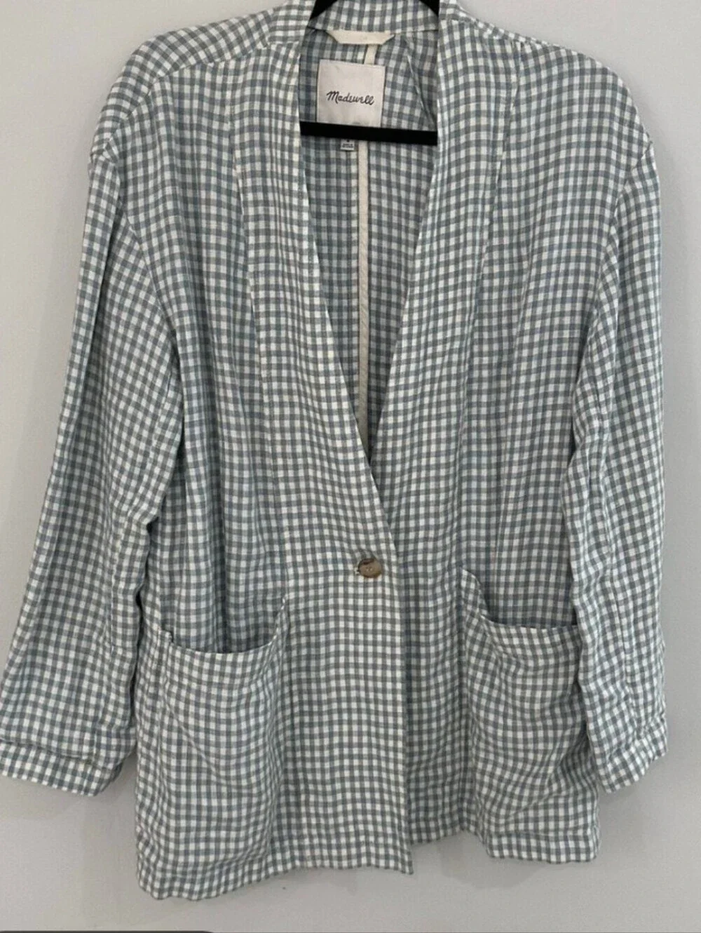 Madewell Linen Collarless Blazer in Gingham Check